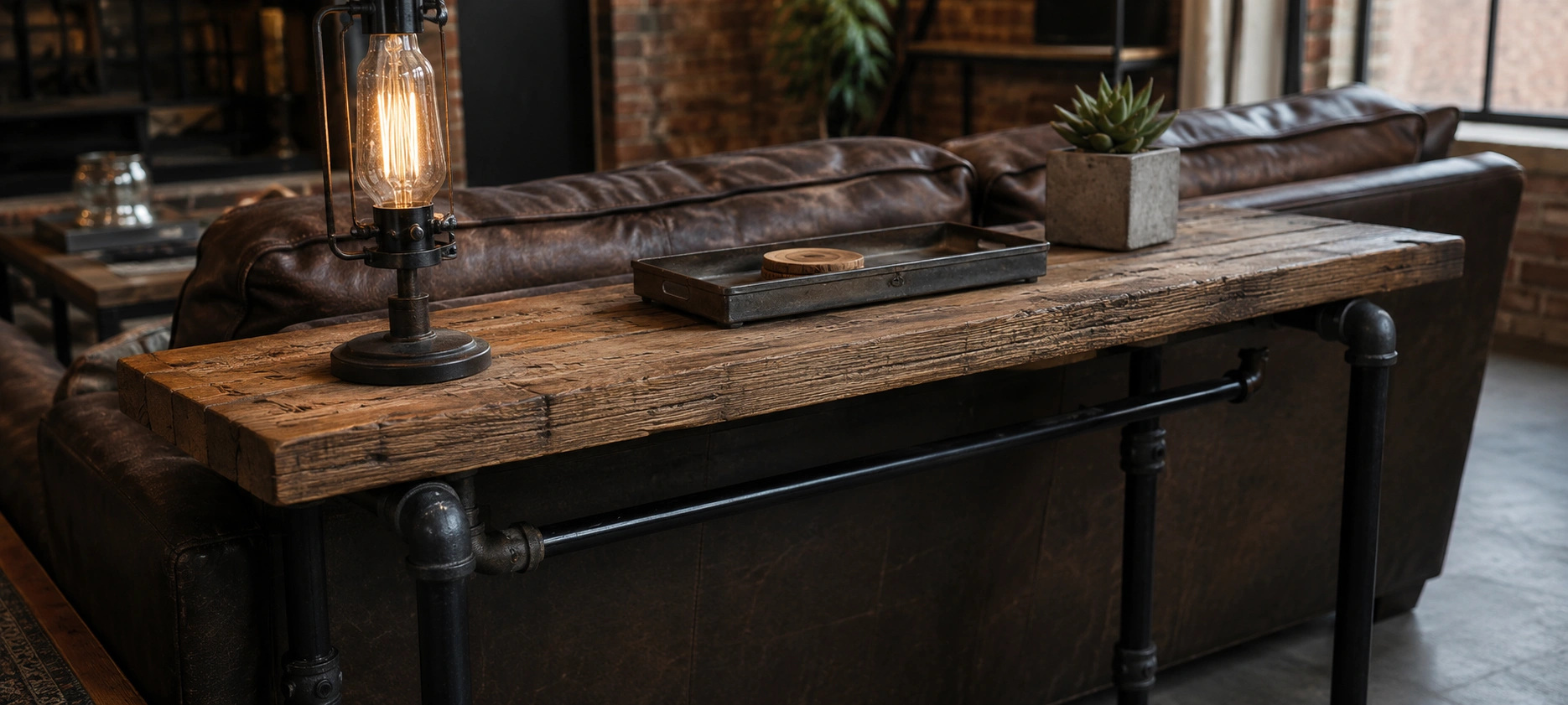 Industrial style sofa table with metal pipes and wood top