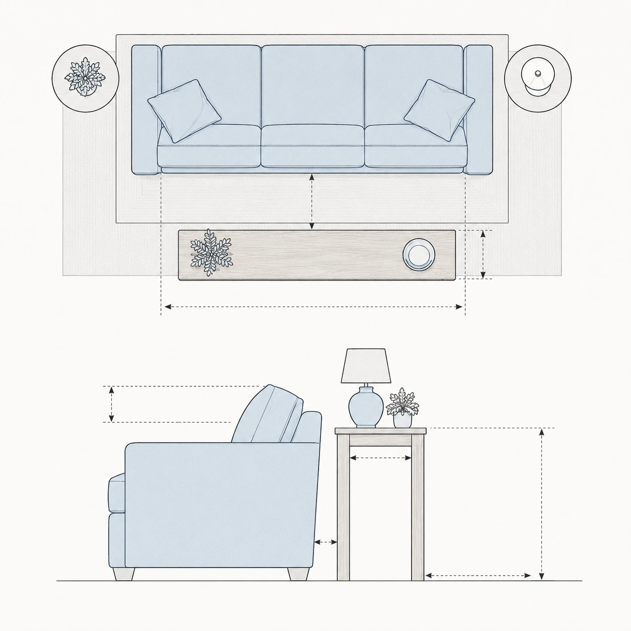 Diagram showing sofa table height length and depth proportions