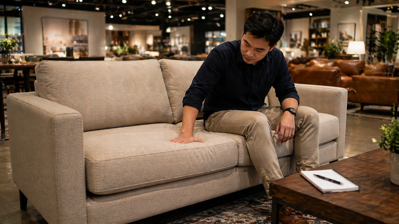 Person testing sofa comfort in a furniture showroom by sitting and pressing cushions