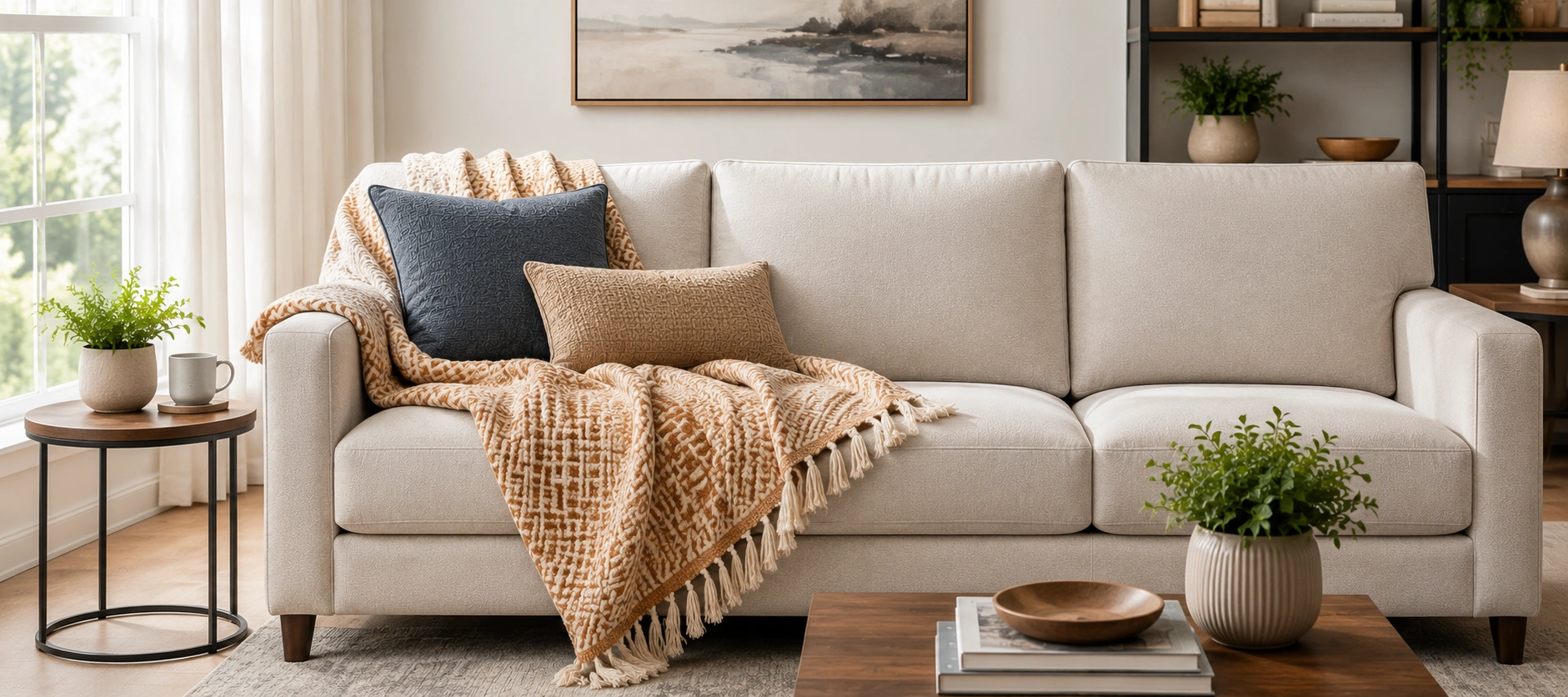 Decorative throw blanket draped over a sofa seat