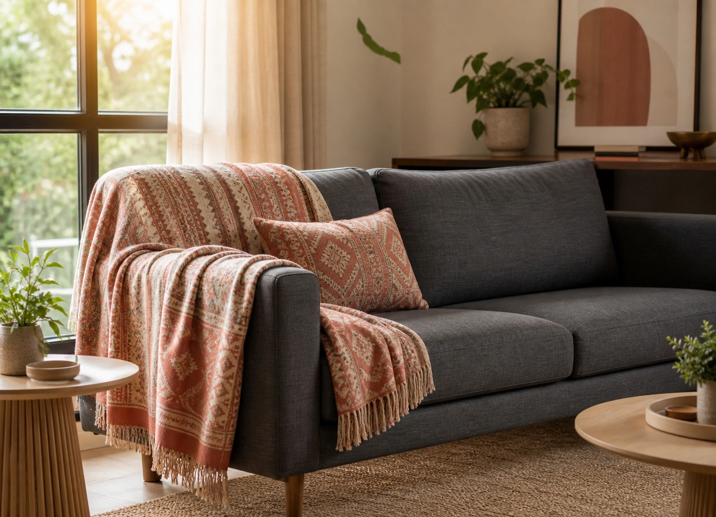 Stylish throw blanket draped over sun-facing side of a sofa for UV protection