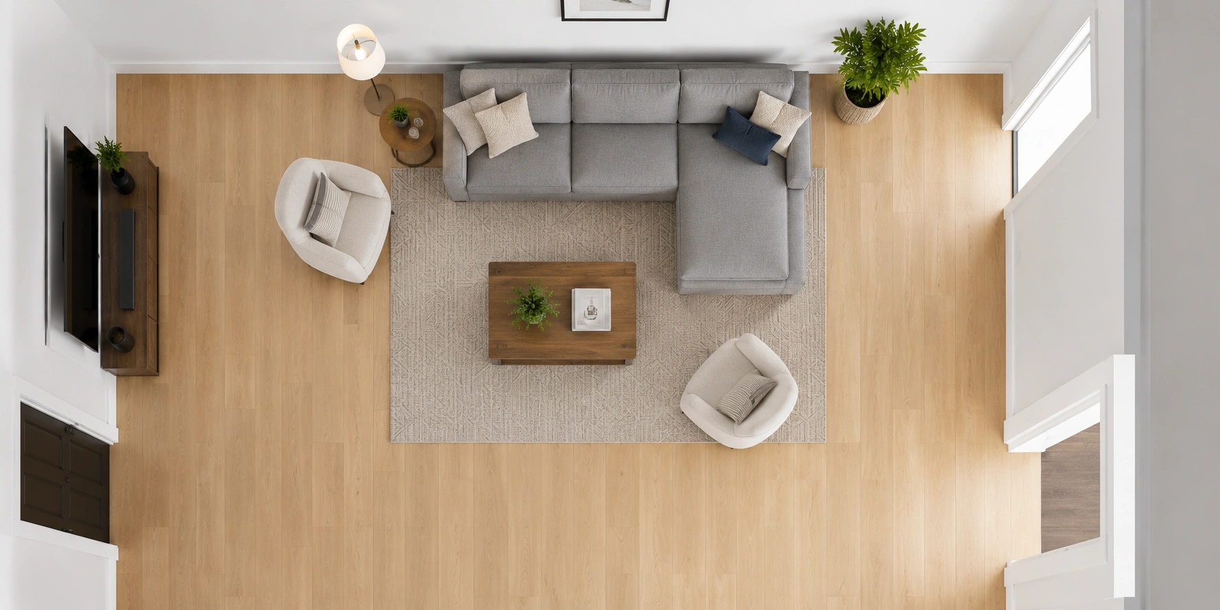 Diagram showing traffic flow paths and clearance measurements around living room furniture