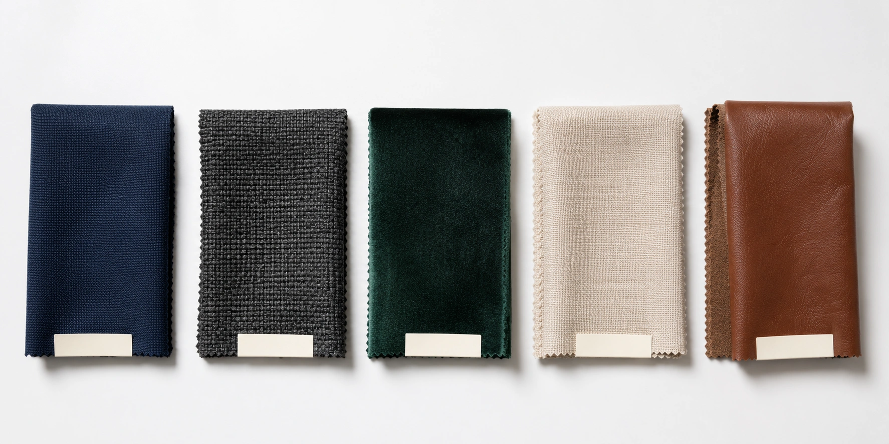 Different sofa upholstery fabric samples showing quality levels and pricing impact