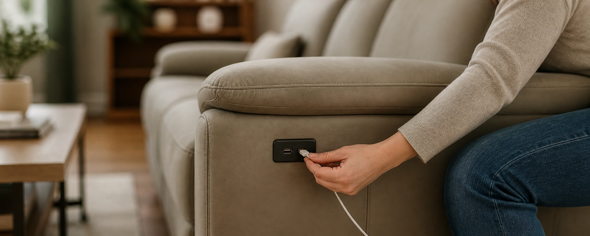 USB ports located on the side of a sofa armrest for easy access while seated
