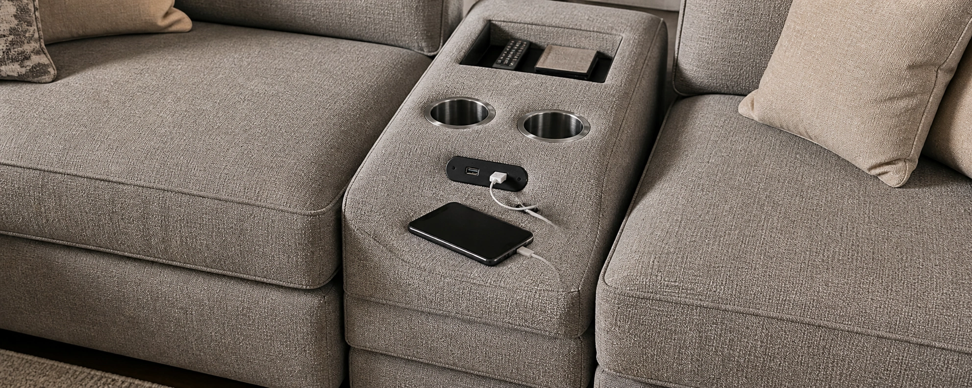 USB ports built into the center console of a sectional sofa
