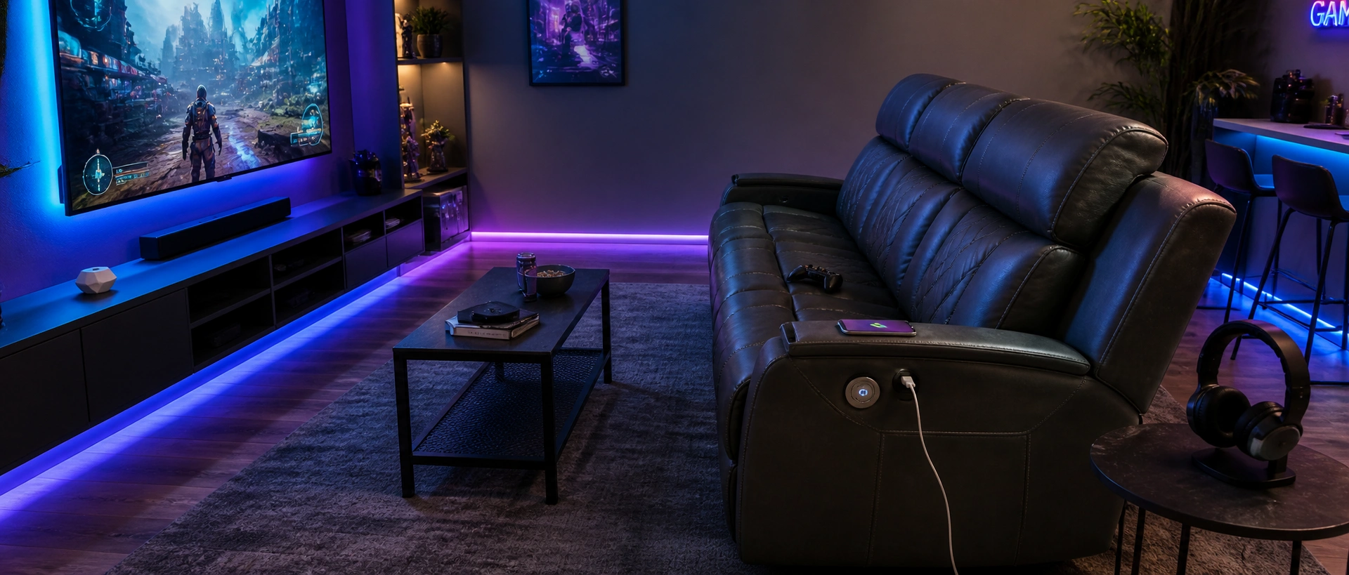 Recliner sofa with USB ports set up in a home gaming and entertainment room