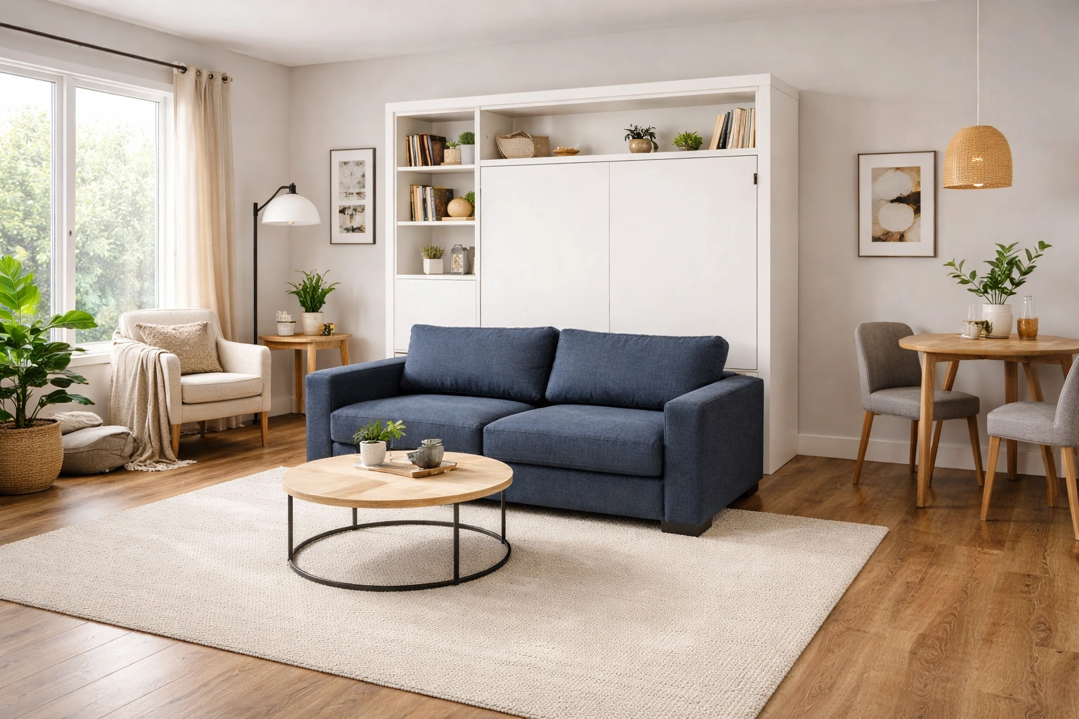 Lifestyle photo showing sofa wallbed in studio apartment with space for desk and walking area