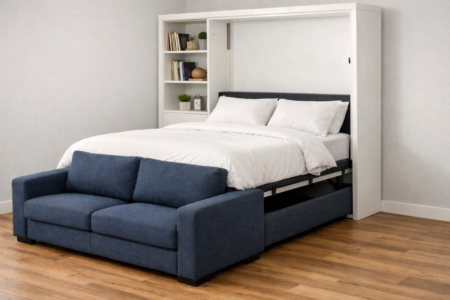 Sofa wallbed mechanism showing how the bed folds down from wall cabinet while sofa stays in place