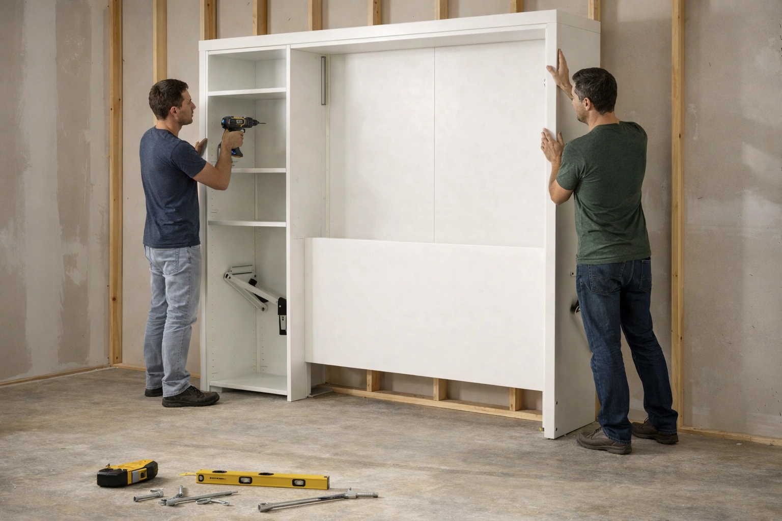 Person installing sofa wallbed cabinet into wall studs with tools and hardware visible