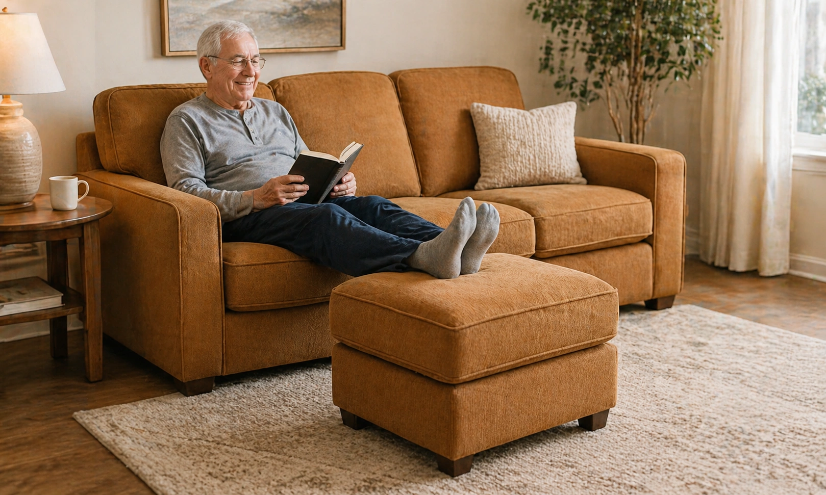 Sofa with matching ottoman for elevated leg support for seniors