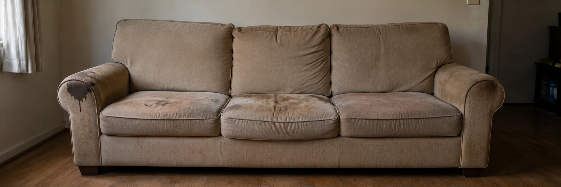 Worn stained sofa without cover