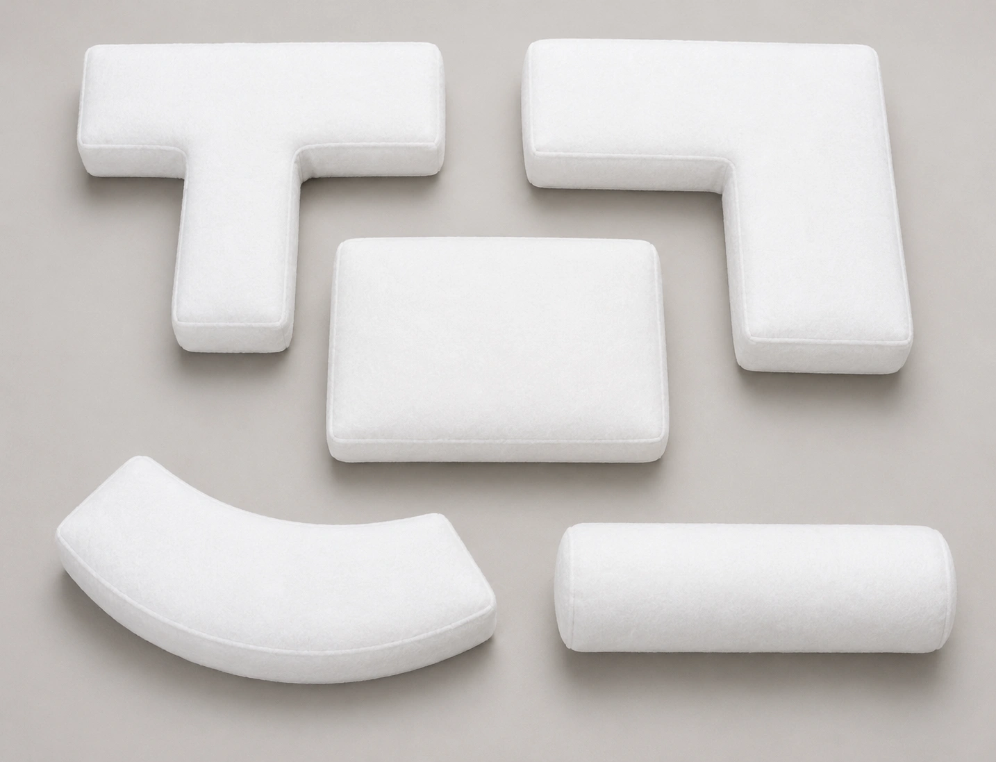 Various special cushion shapes including T-cushion L-shape and curved corner sofa cushions