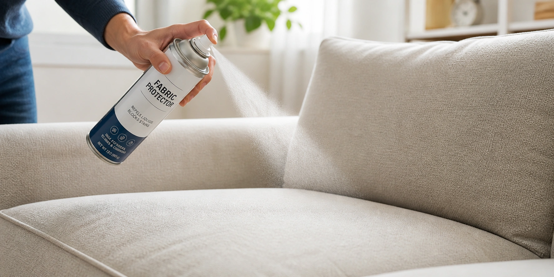 Spray bottle applying fabric protector to a sofa