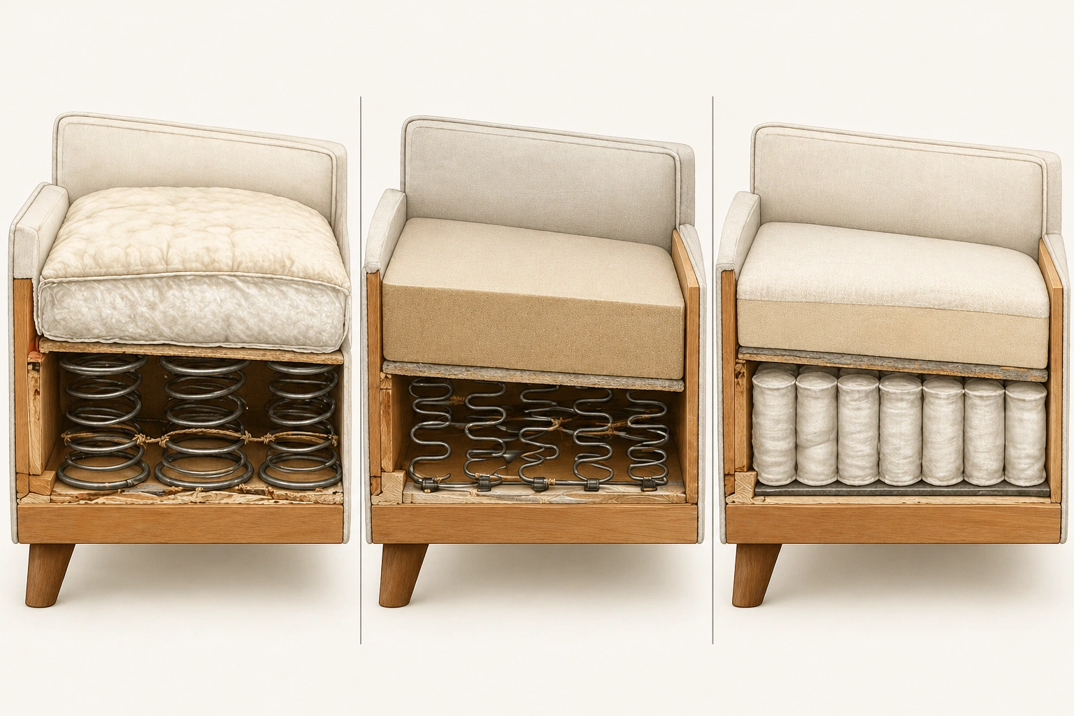 Diagram showing how sofa spring system layers work with cushion fill materials