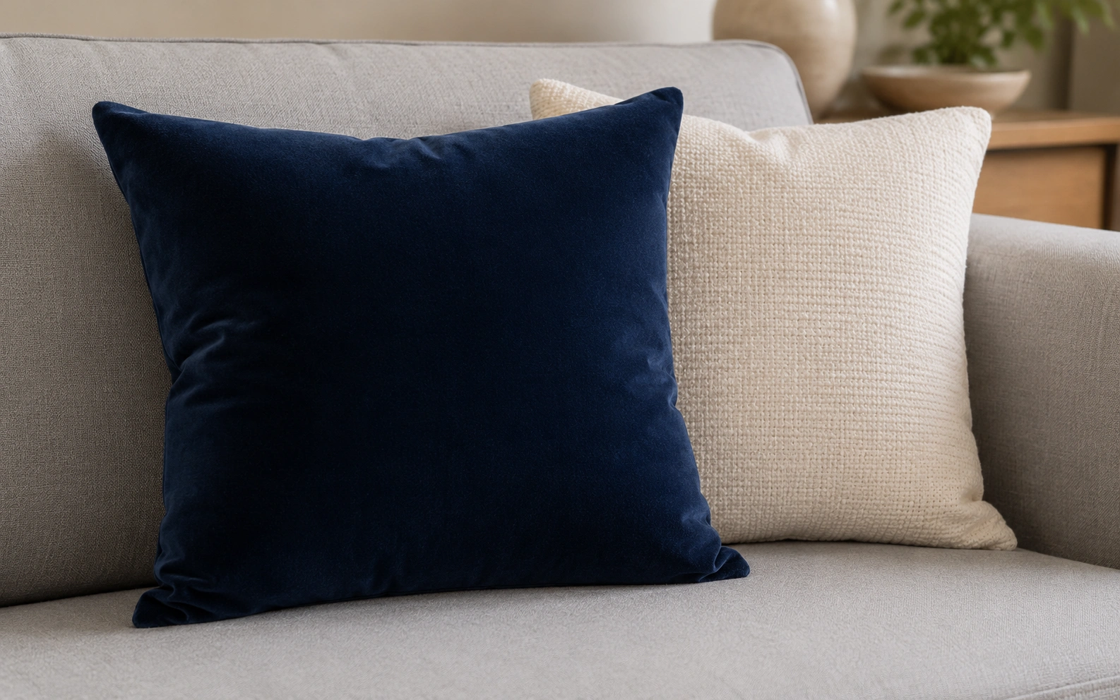 Square throw pillows arranged on a modern sofa in a living room