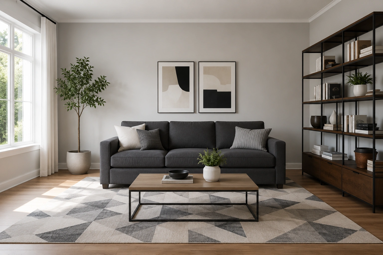 Standard seat sofa in a well-organized living room with upright seating