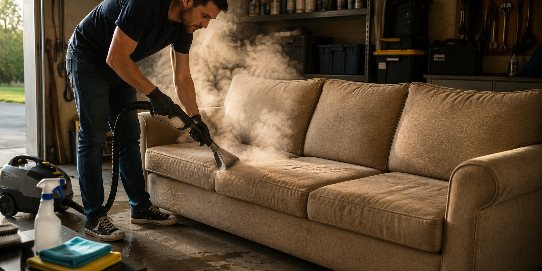 Steam cleaning a secondhand fabric sofa to remove allergens and bacteria