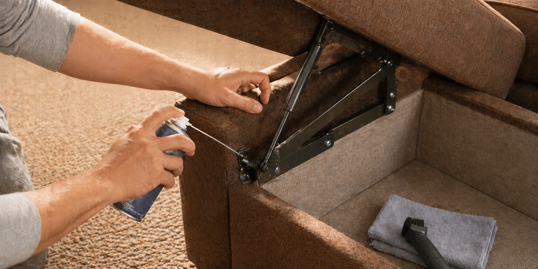 Person maintaining storage sofa mechanism by cleaning and lubricating hinges