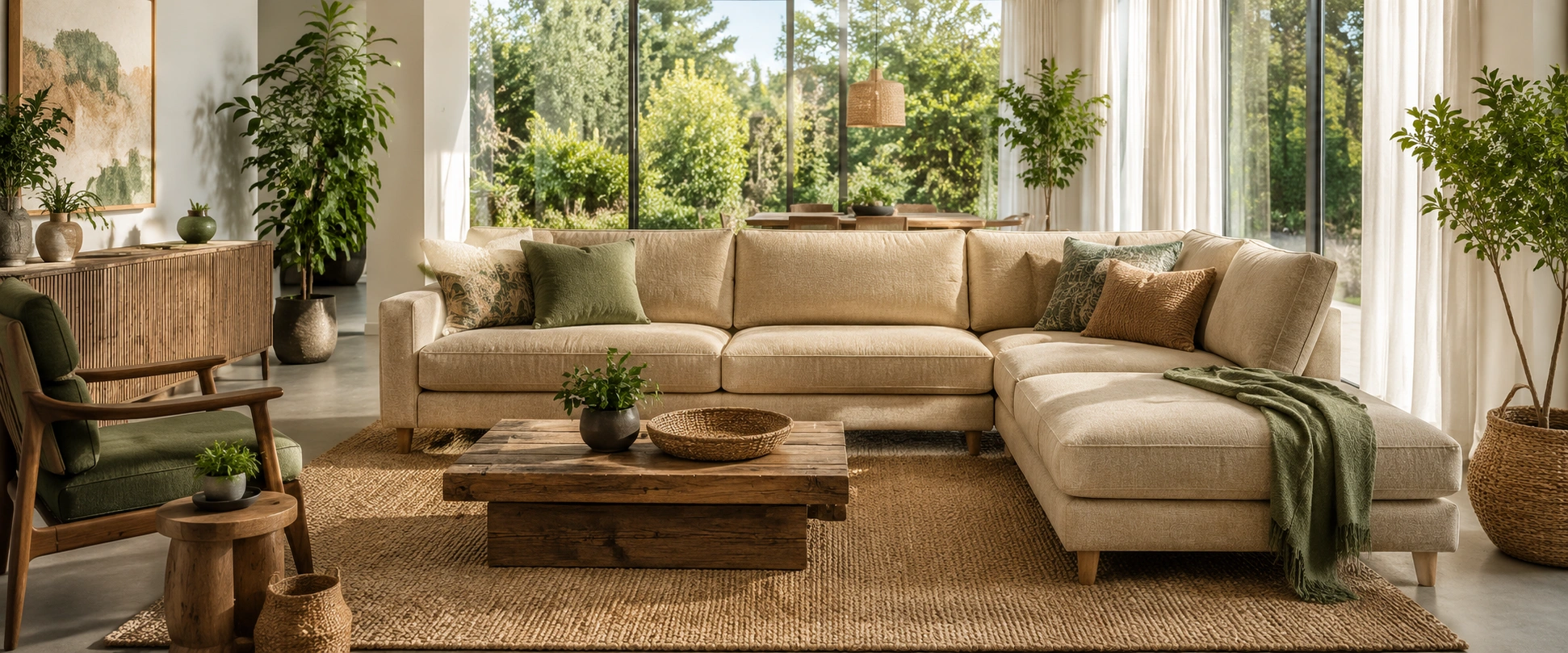 Sustainable sectional sofa in modern living room with natural materials