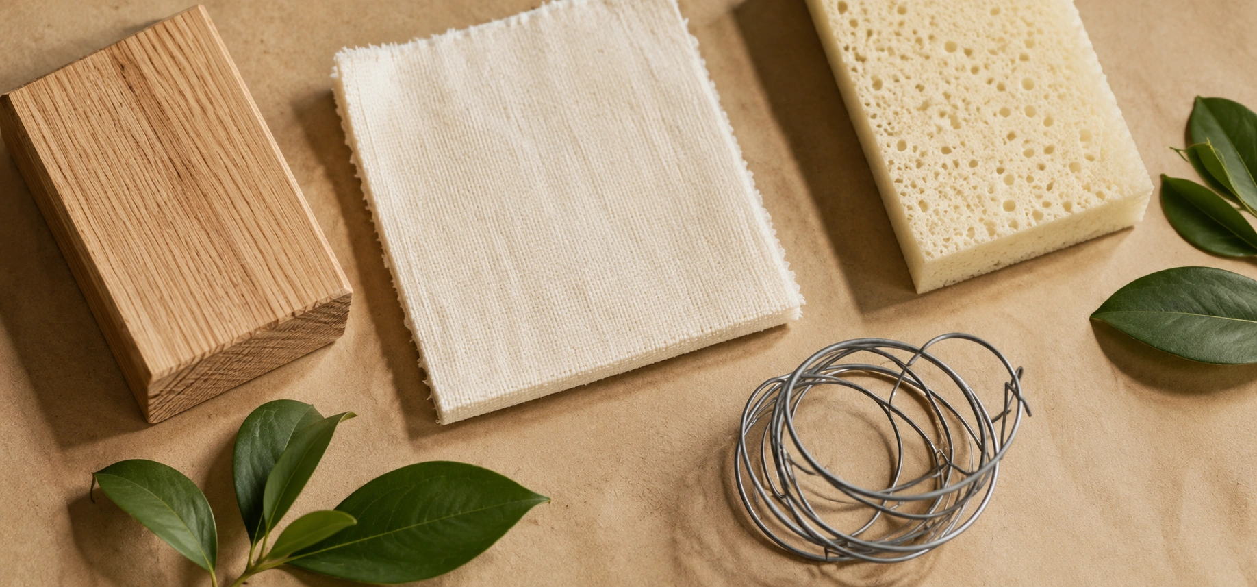 Eco-friendly sofa materials including FSC certified wood, organic cotton, and natural latex