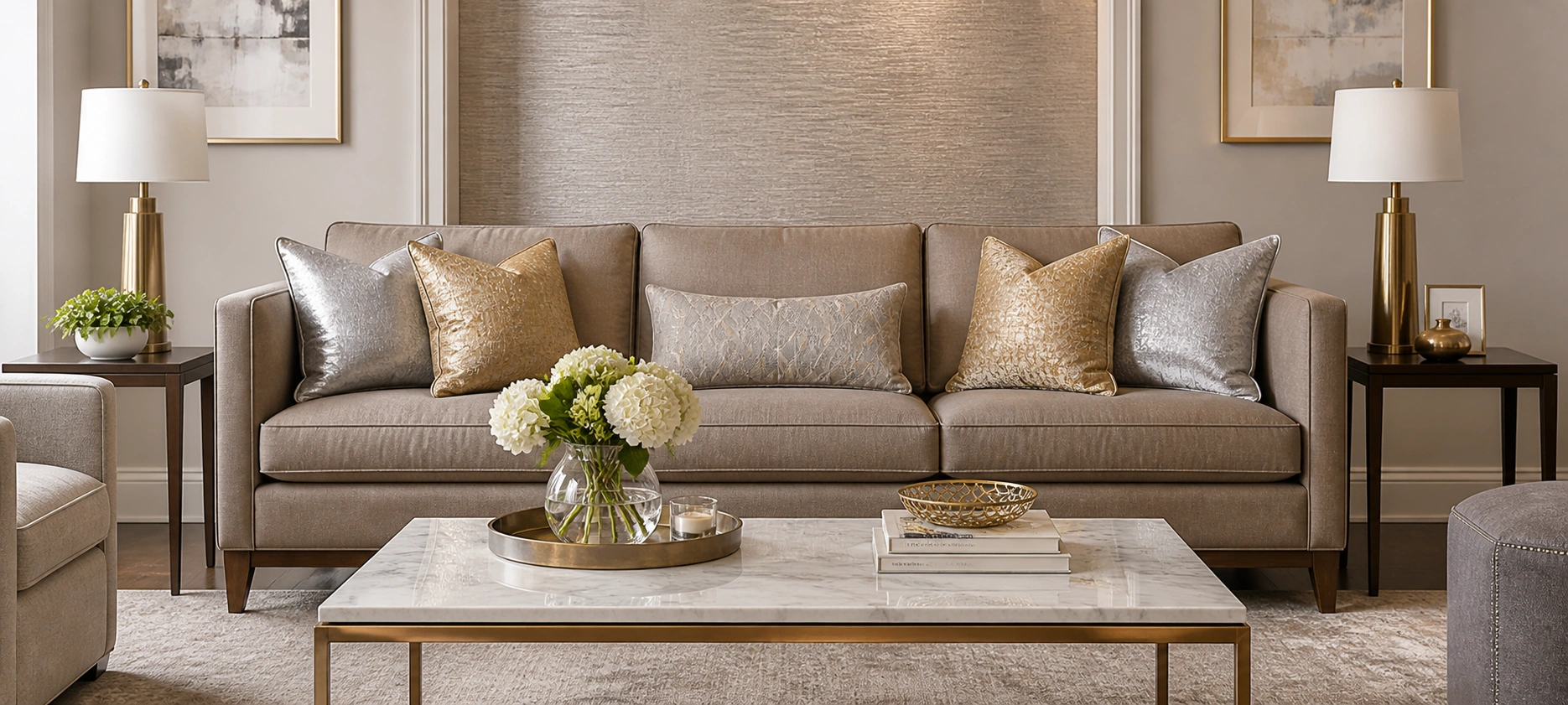 Taupe sofa in a sophisticated living room with layered textures