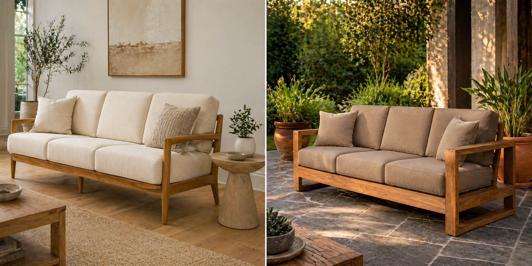 Side by side comparison of an indoor teak frame sofa with fabric cushions and an outdoor teak sofa with weather-resistant cushions on a patio
