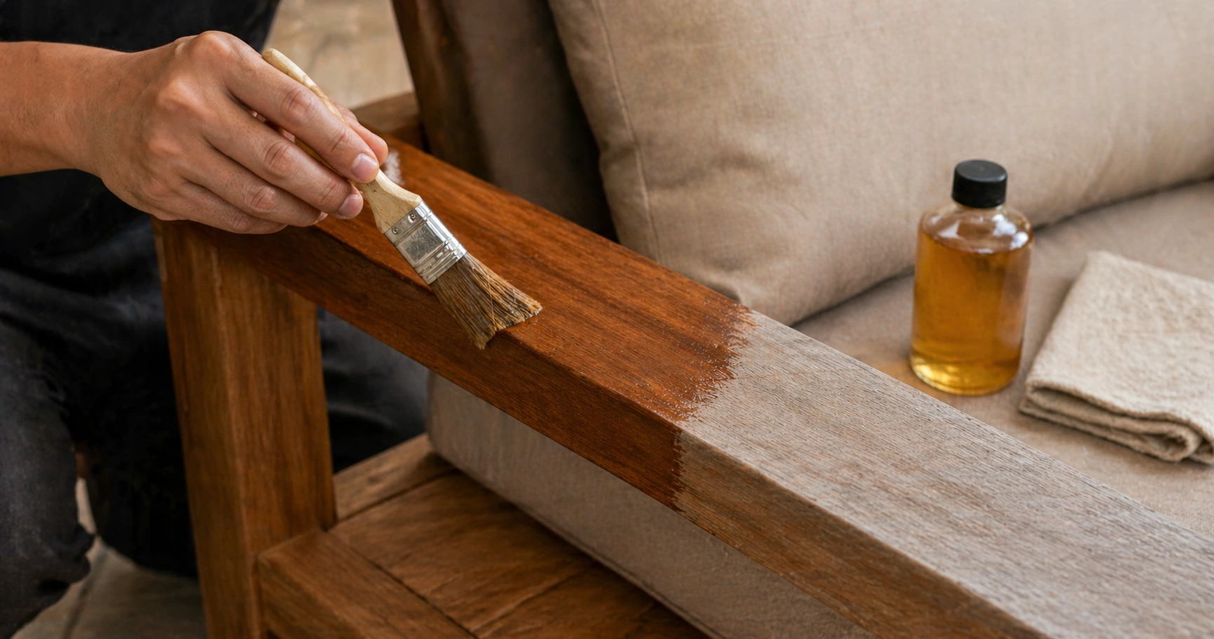 Hands applying teak oil to a teak sofa frame with a brush showing the rich color being restored to the wood surface