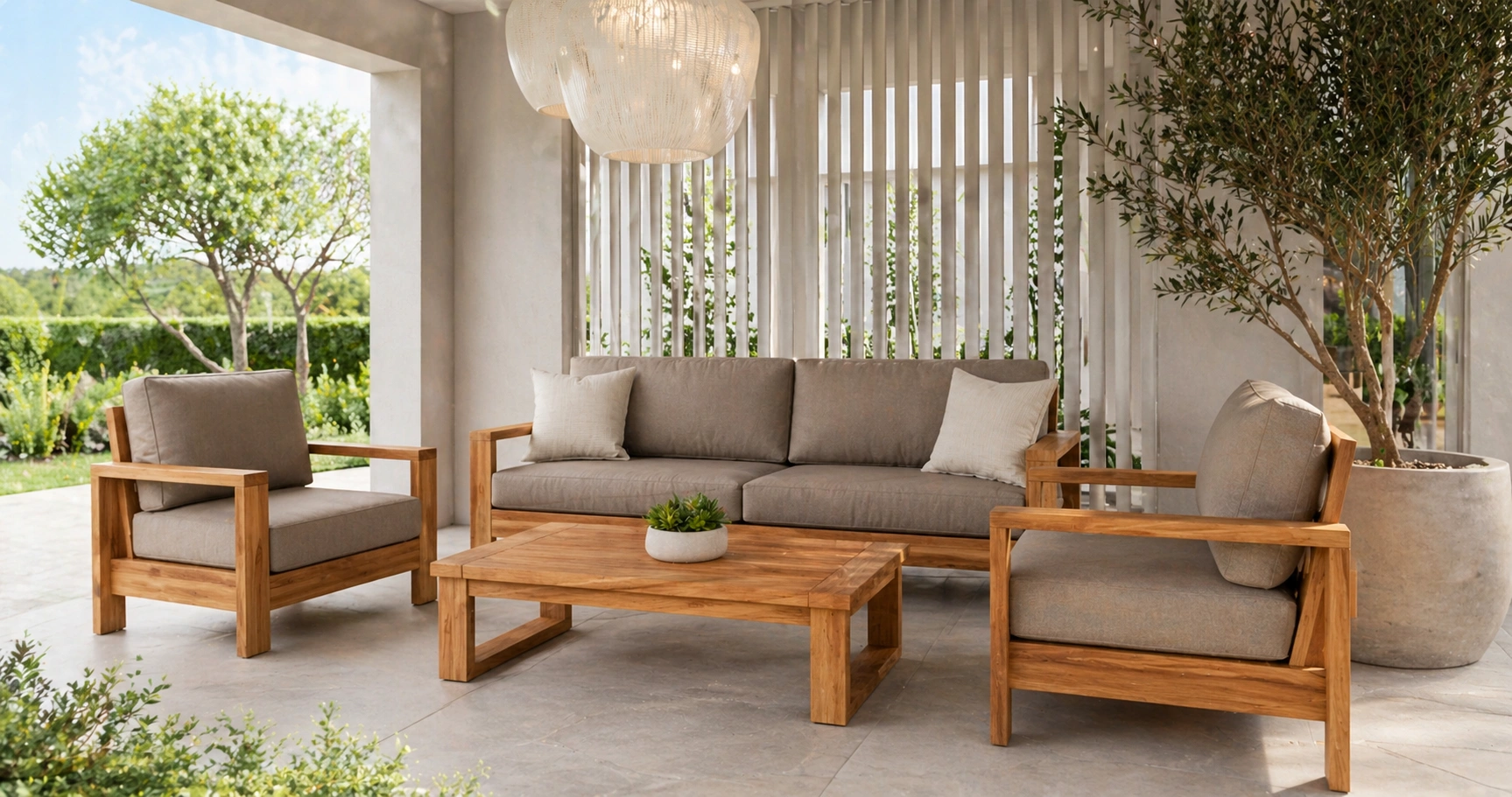 A quality teak sofa on a well-designed patio with complementary outdoor decor and proper spacing
