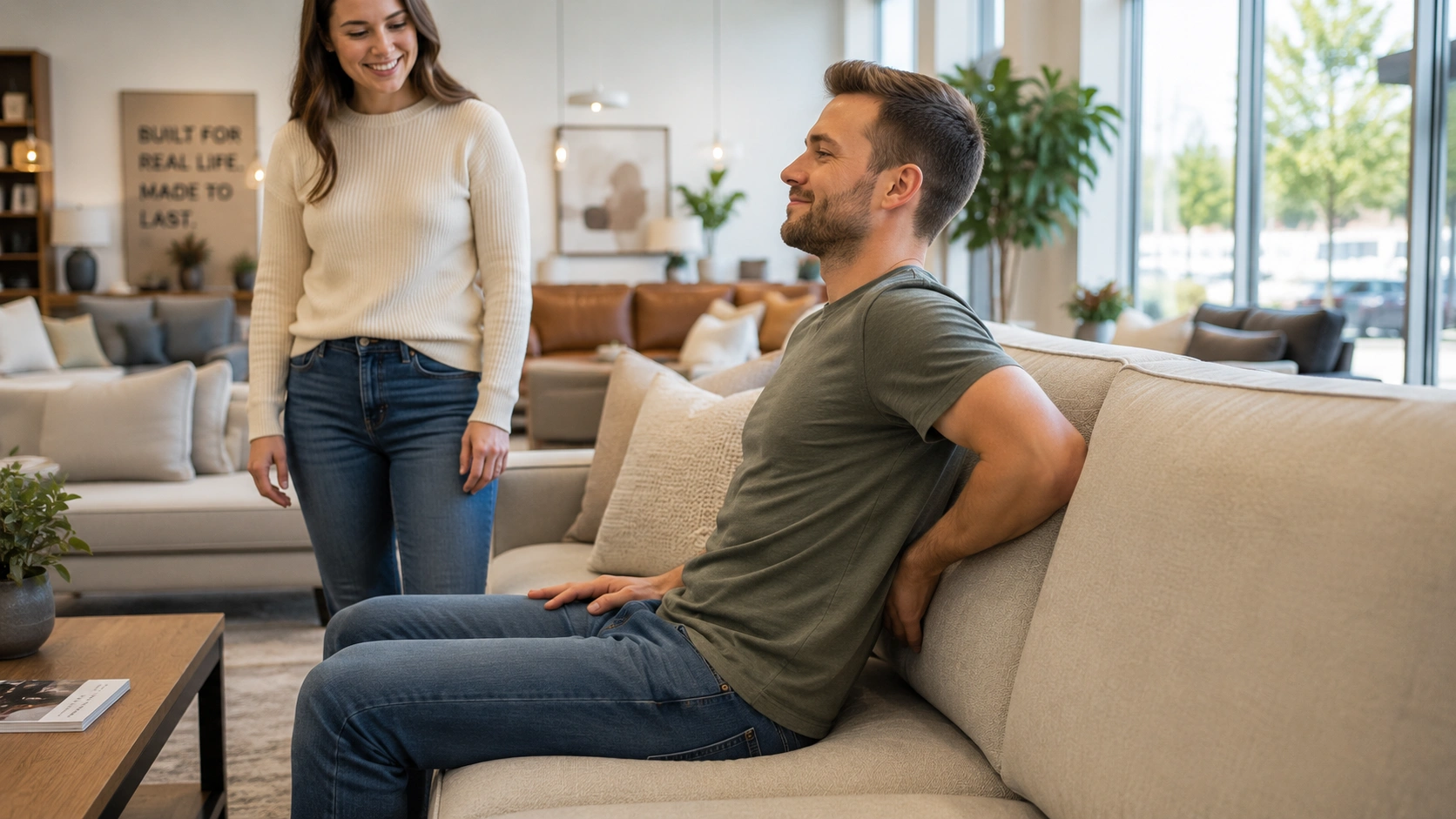 Person performing the hand-slide test for lumbar support on a showroom sofa