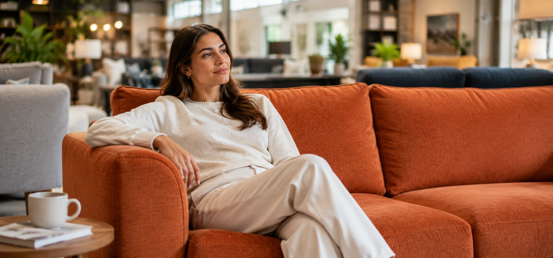 Person sitting and testing sofa comfort and ergonomics at furniture store