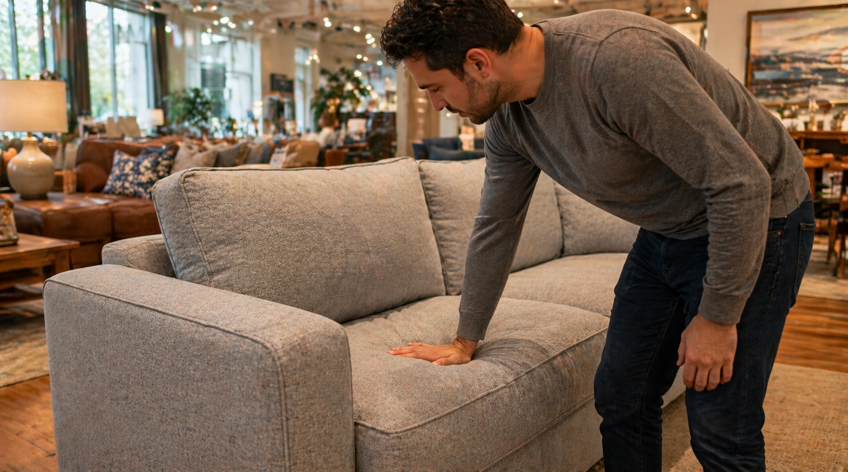 Person pressing on sofa cushion to test suspension quality in a furniture showroom