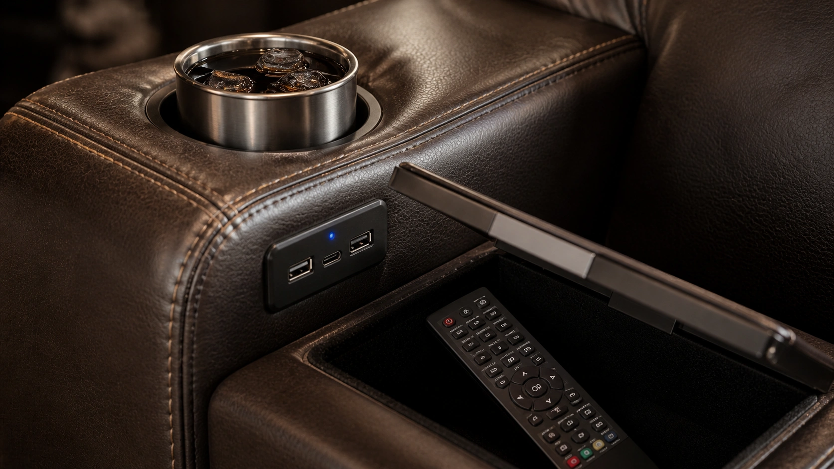 Close-up of home theater sofa armrest showing built-in cup holder and USB charging port