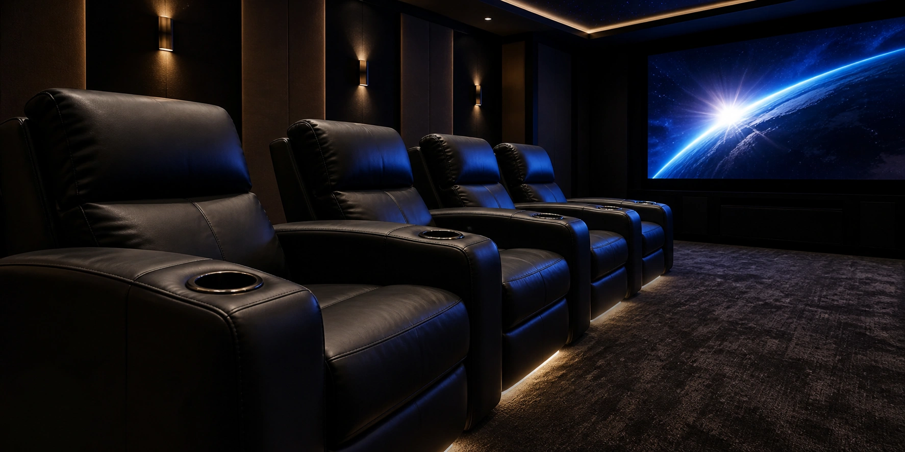 Home theater style sofa with cup holders and ambient lighting