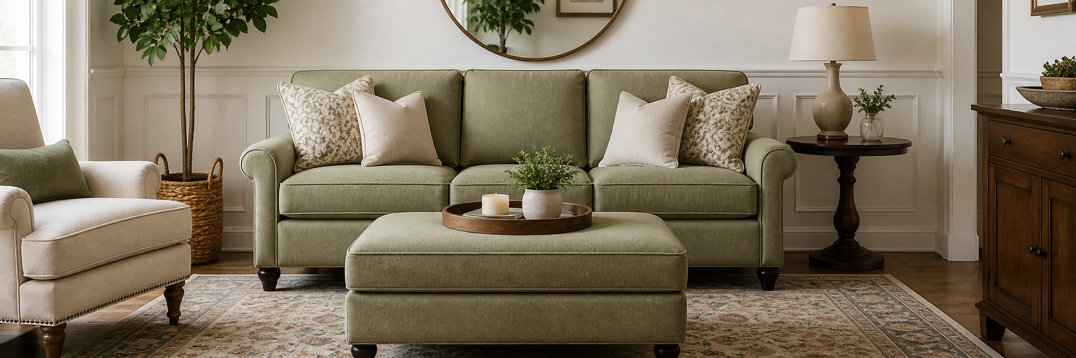 Classic three-seater sofa with separate matching ottoman in a cozy living room