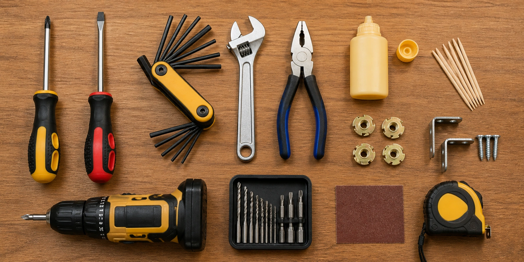 Tools needed for fixing loose sofa legs including screwdrivers wrench and wood glue