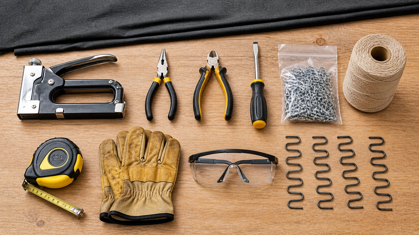 Complete set of tools needed for sofa spring replacement including pliers staple gun and springs