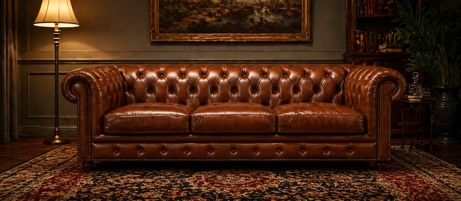 Chesterfield sofa with deep button tufting and rolled arms