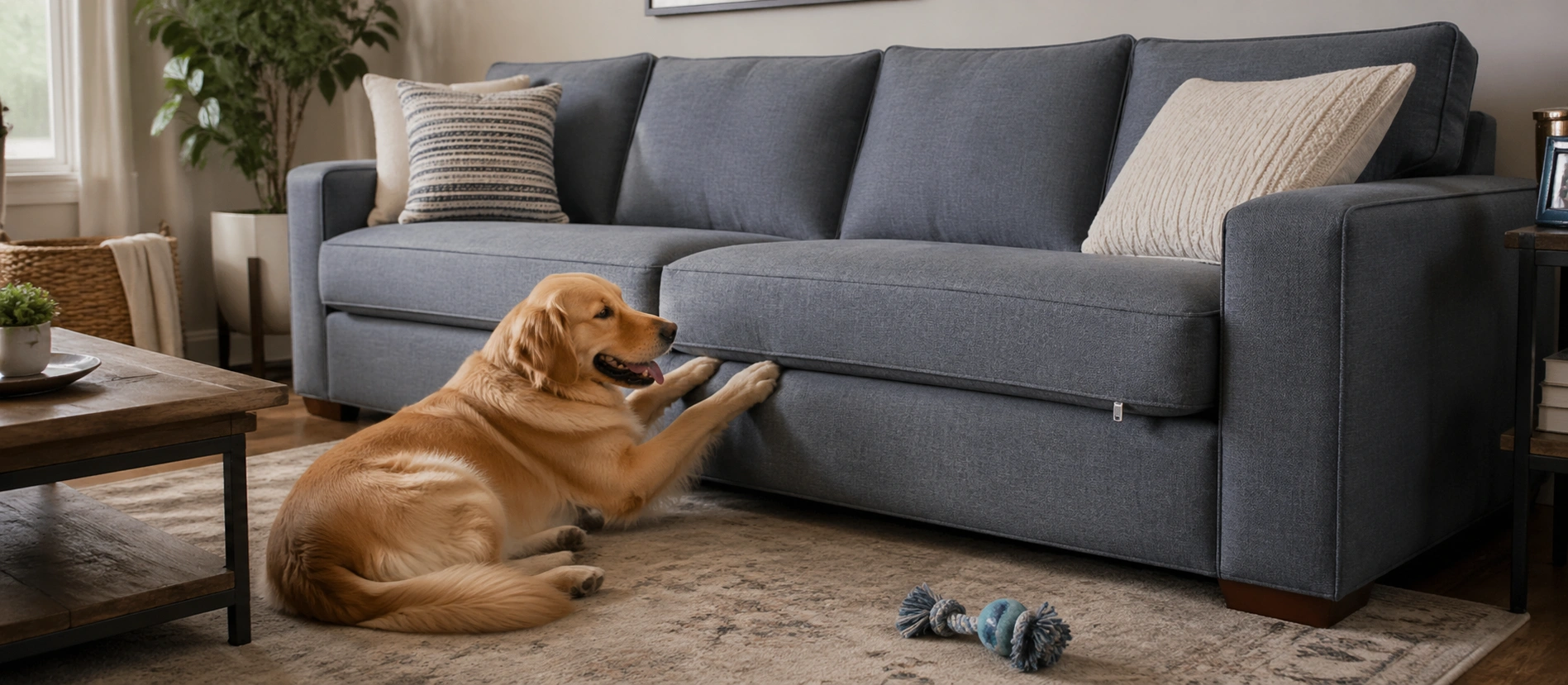 Durable family sofa with stain-resistant fabric and solid construction