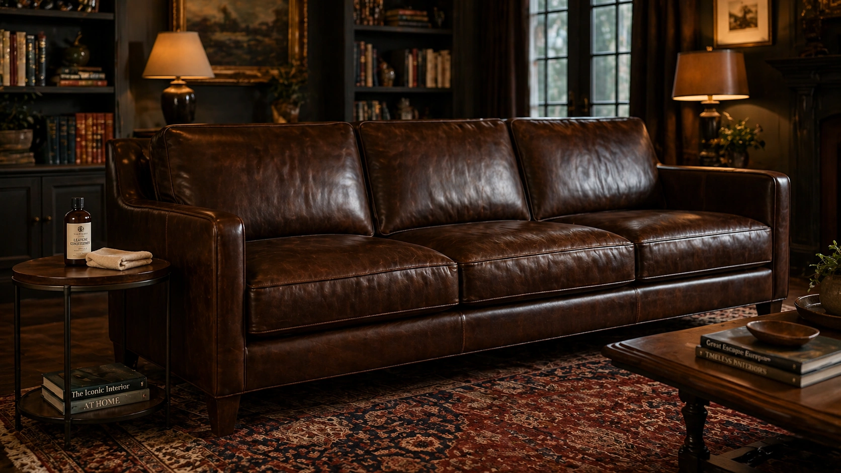 Premium leather sofa in rich brown tone showing natural grain