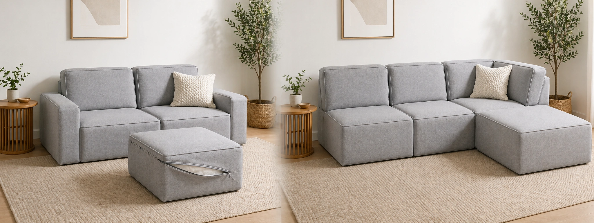 Modular sofa arranged in multiple configurations showing flexibility