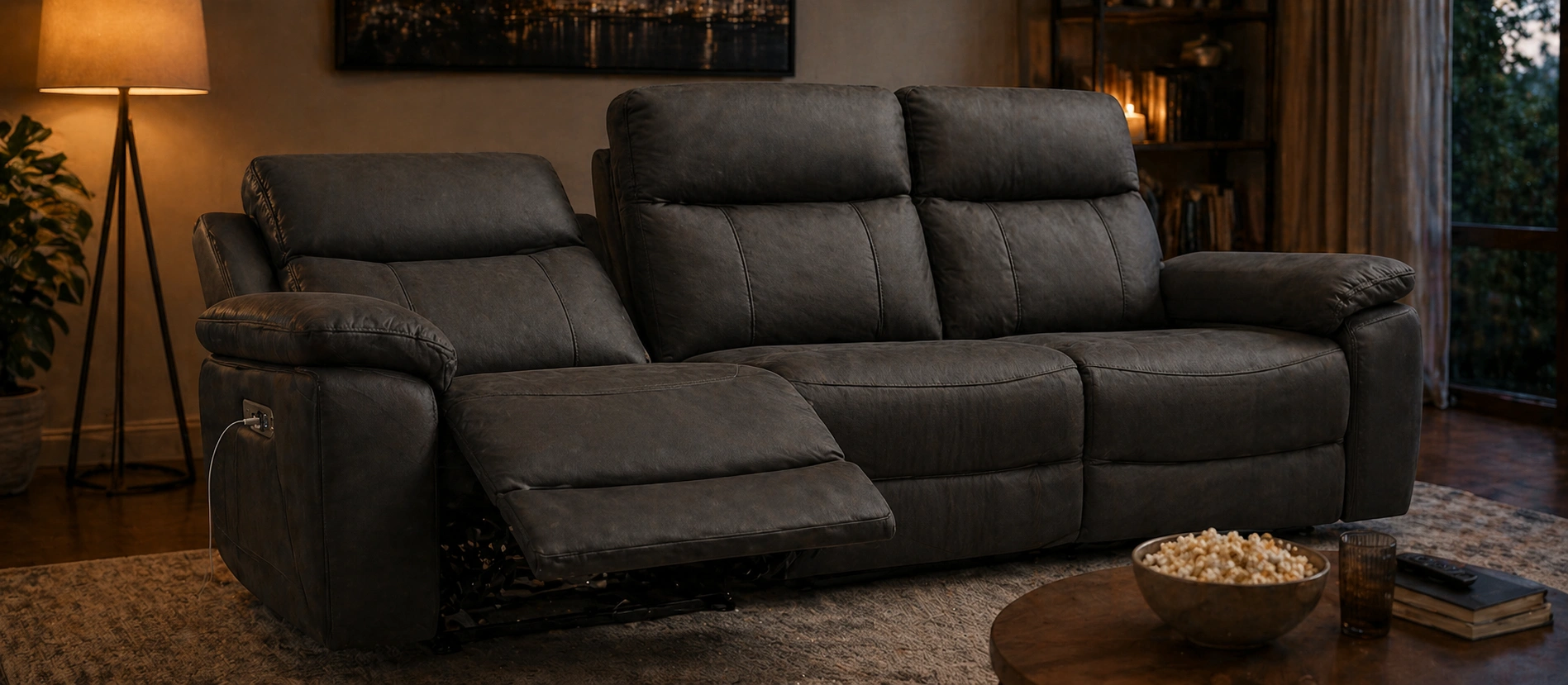 Recliner sofa with power recline and padded armrests