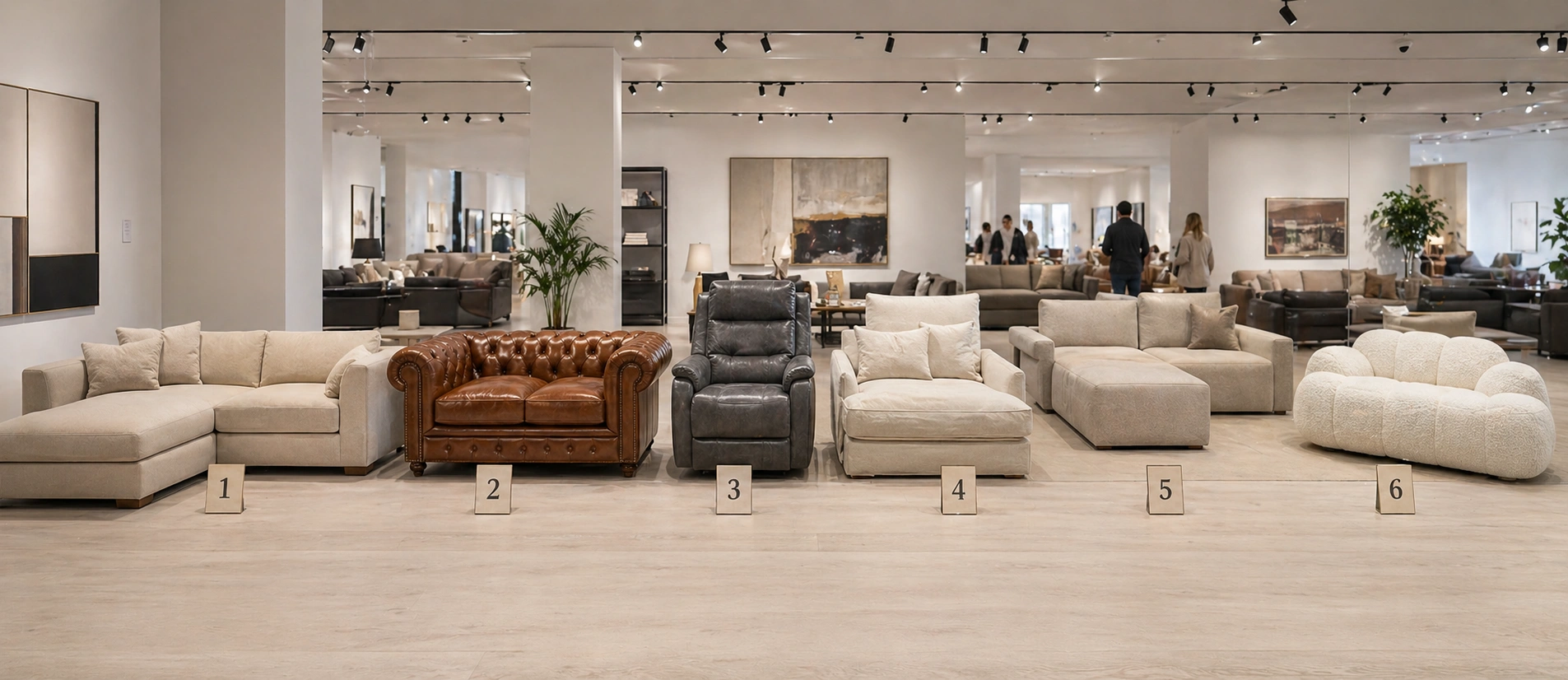 Multiple sofa styles displayed side by side in a showroom for comparison