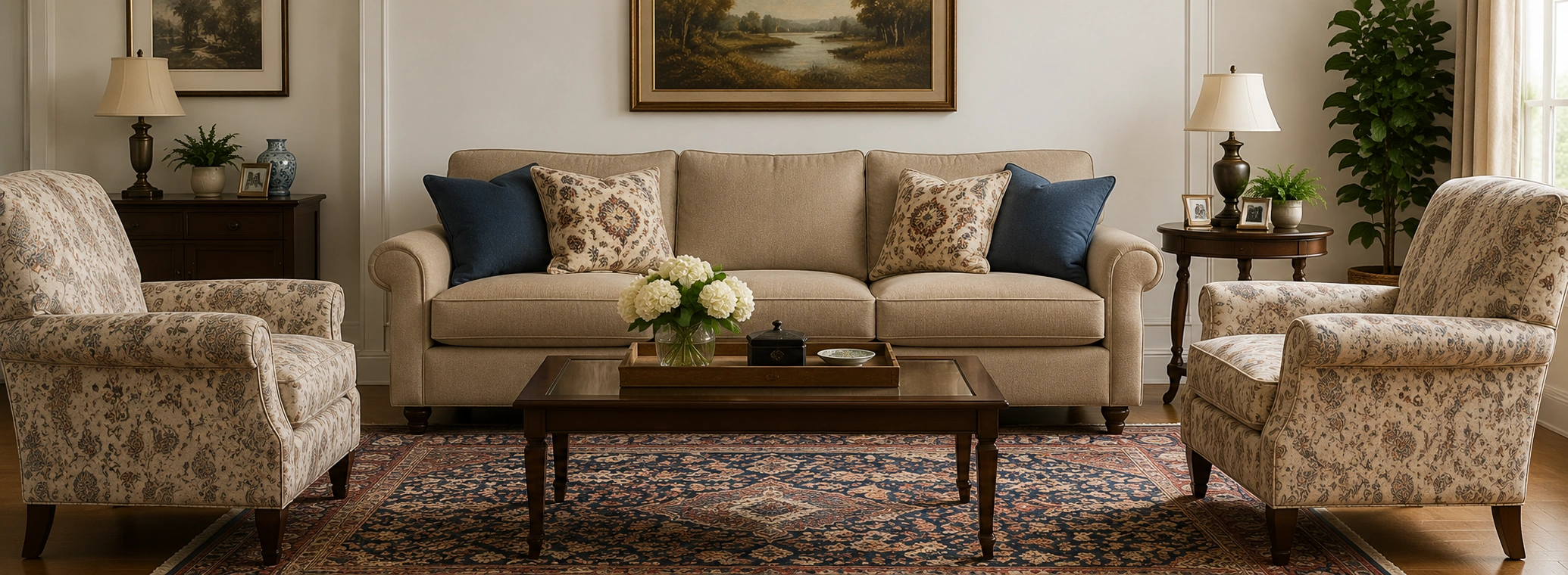 Traditional three-seater sofa in a classic living room setting