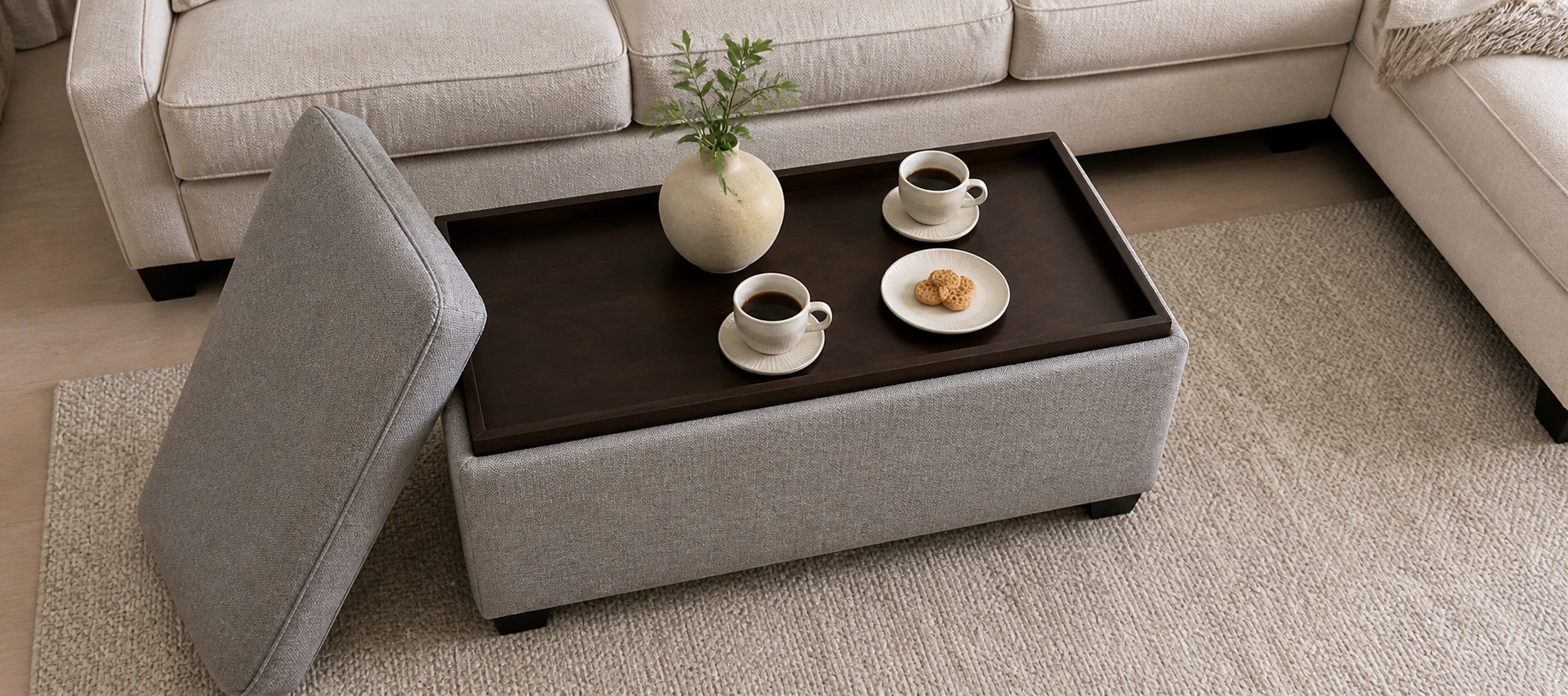 Ottoman with reversible tray top for serving drinks and snacks