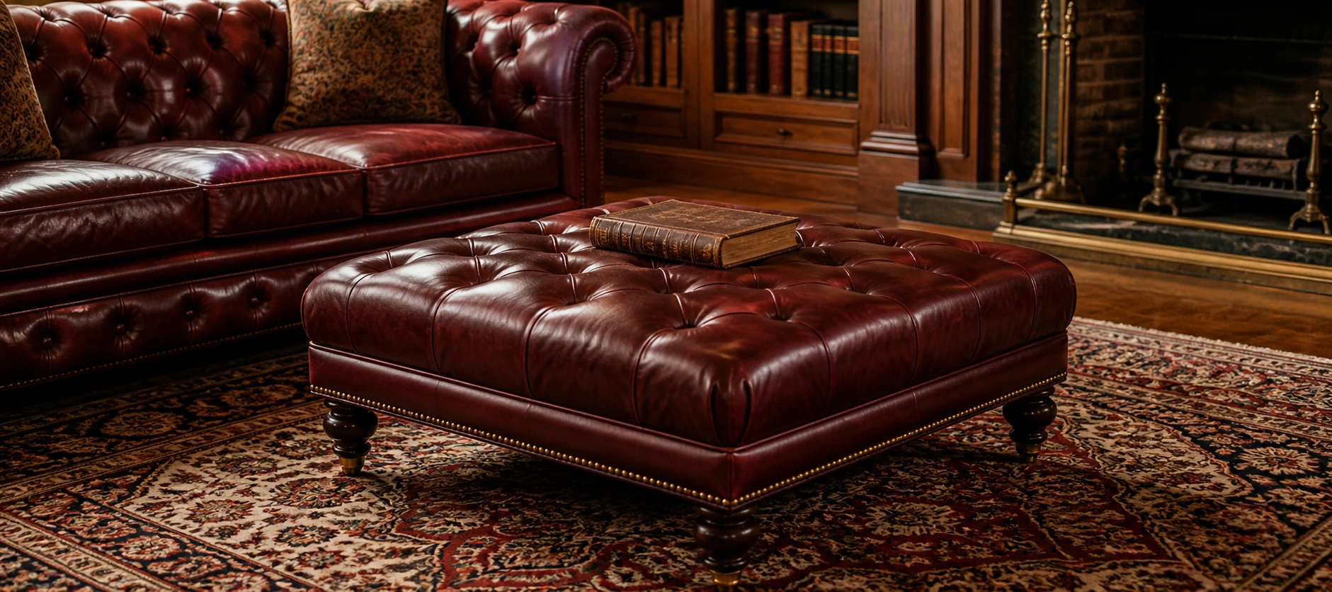 Tufted ottoman with button detailing in a traditional living room