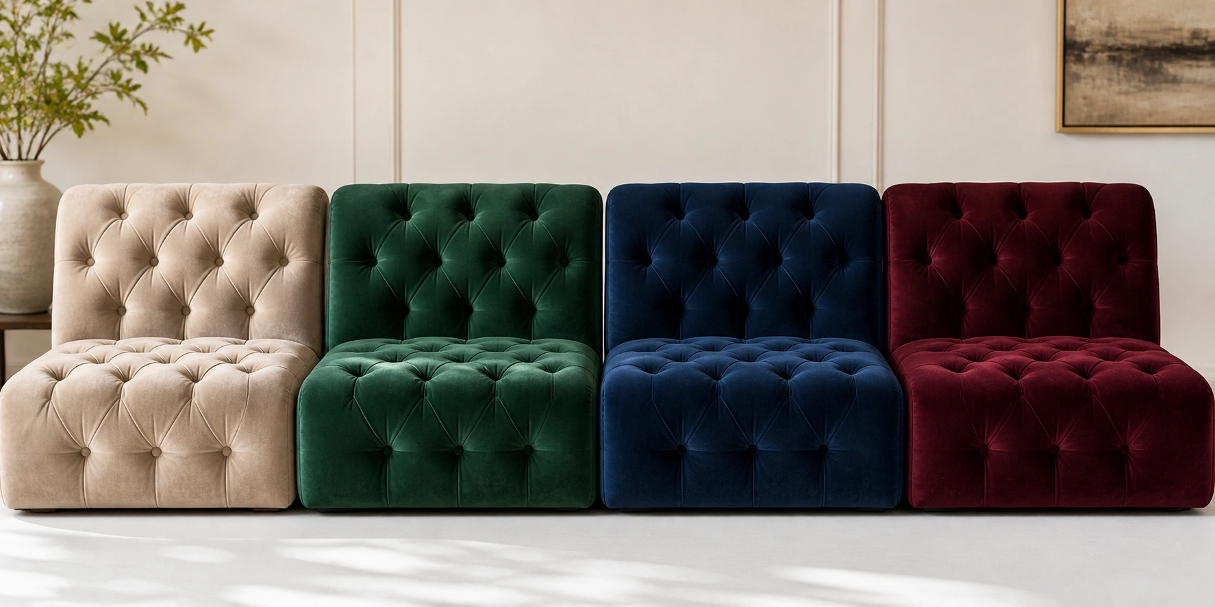 Tufted sofas displayed in various colors including emerald green, navy blue, gray, and burgundy