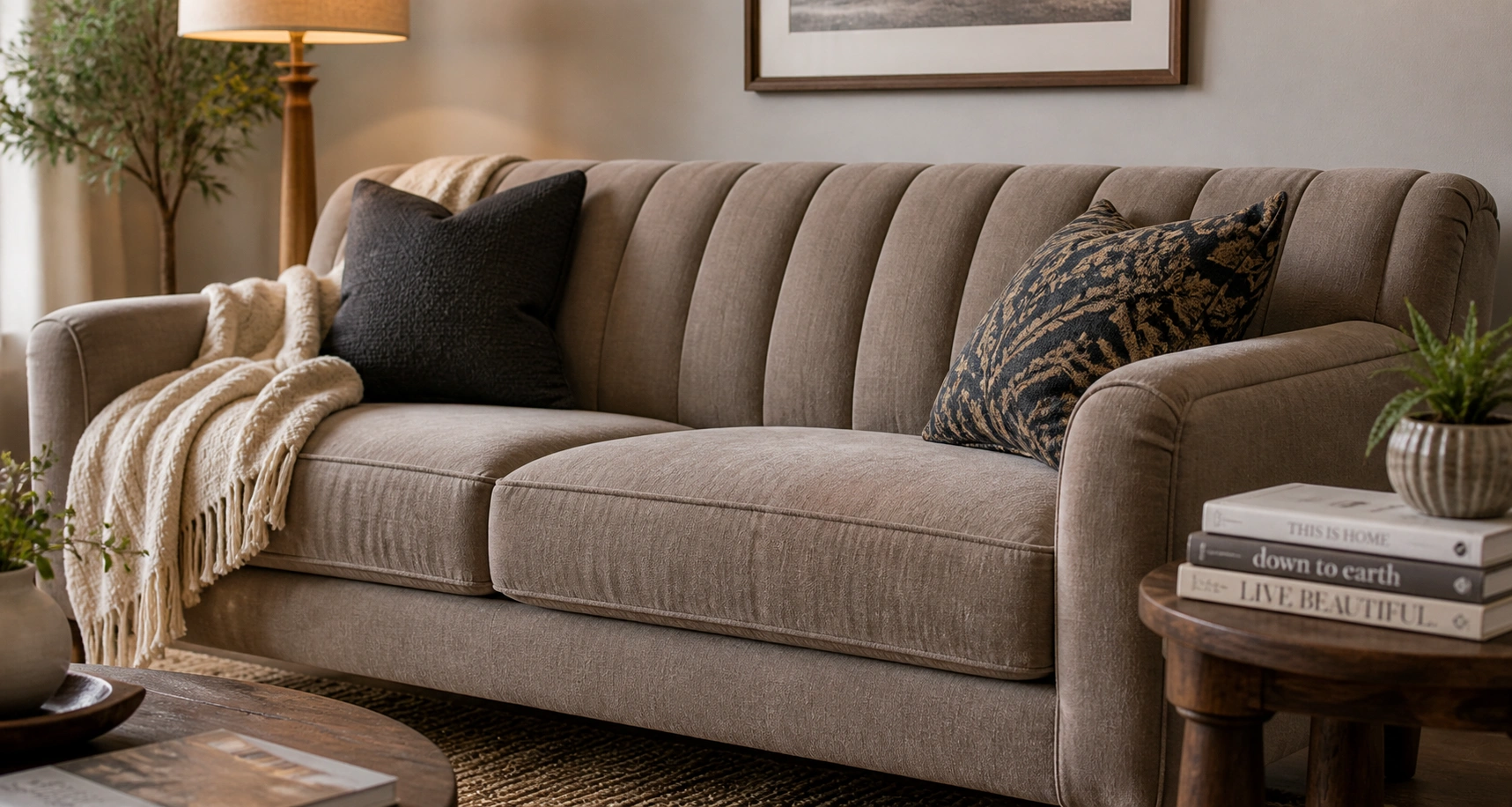 Elegant tufted sofa in a styled living room setting