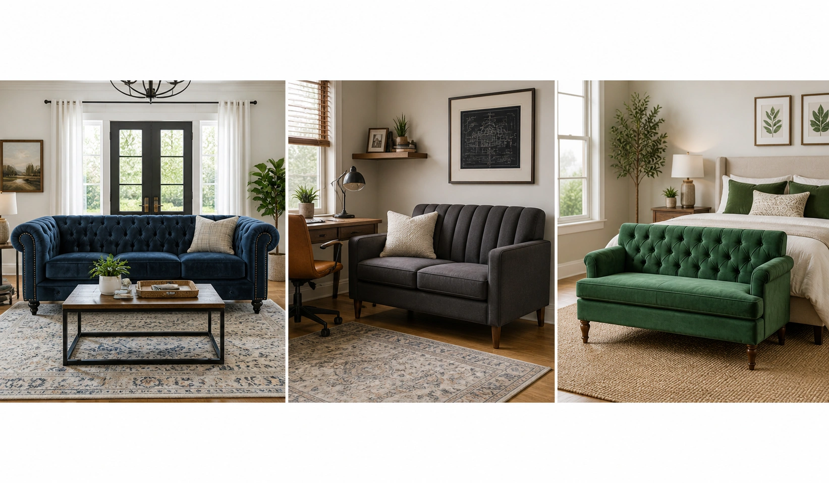Various room settings showing tufted sofa placement in living room, office, and bedroom