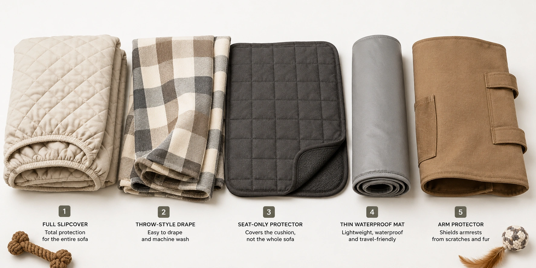 Collection of different pet-proof sofa cover styles including slipcover, throw, and seat protector