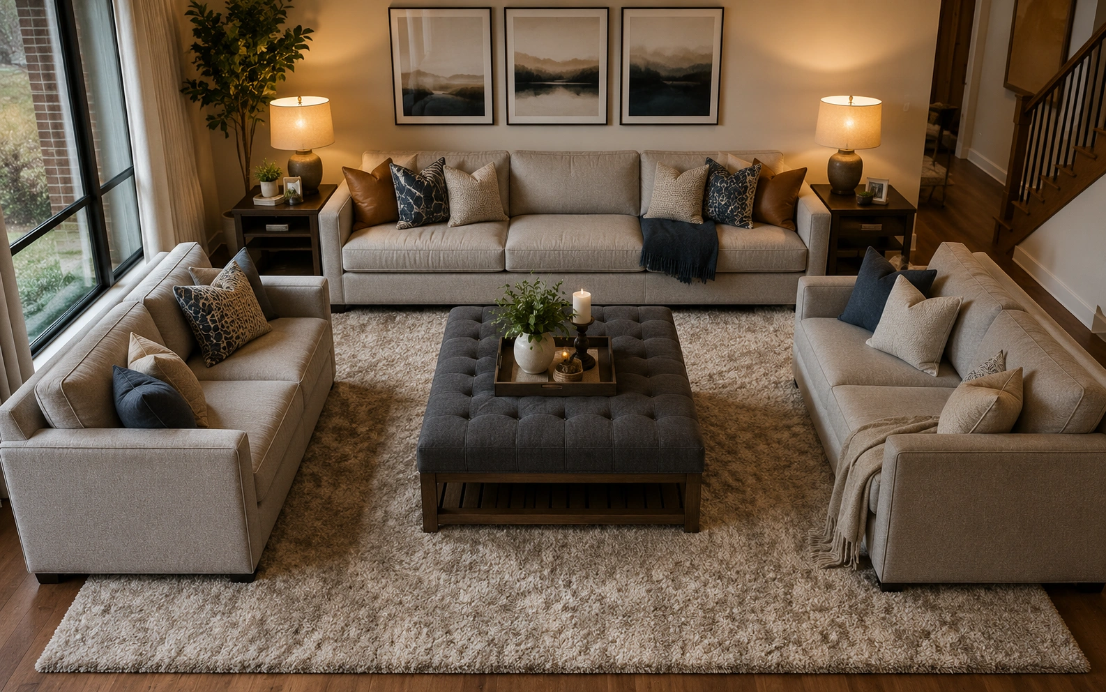 U-shaped seating arrangement with sofa and chairs wrapping around coffee table